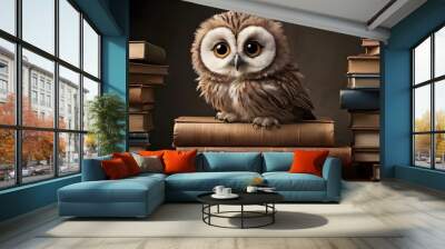 A fluffy, wide-eyed baby owl perched on a stack of books, wearing tiny glasses and engrossed in a story.
 Wall mural