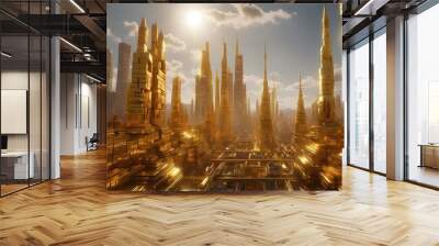 A shimmering cityscape of towering gold blocks, each one unique in its intricate design and placement, reflecting the sun's rays in a dazzling display of wealth and opulence.
 Wall mural