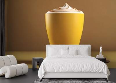 A three-dimensional representation of a mocha latte cup with a yellow backdrop.
 Wall mural