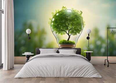 a tree growing on a lightbulb in the natural world, little plants developing step by step, energy conservation, and environmental awareness
 Wall mural