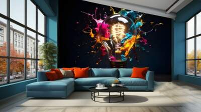 An imaginative lightbulb splatters over a dark background, bursting into vivid color. Thought about new, creative ideas. Wall mural