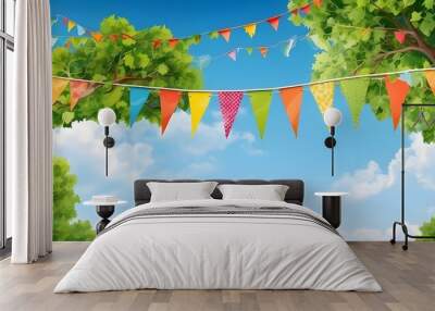 Bright pennant string decoration set against a backdrop of blue sky and green tree foliage, summer party template banner with copy space Wall mural