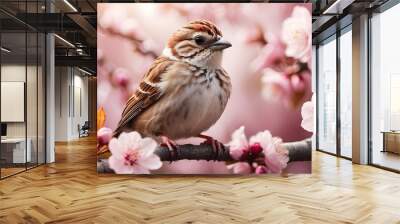 close-up of a charming sparrow bird on a cherry blossom tree branch in the warm springtime; perfect for a romantic, lovely animal backdrop
 Wall mural