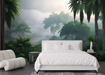 exotic jungle in the fog. A view of the jungle, a wooded haven. dark and foggy wilderness. The scenery of a natural forest. 3D picture. Wall mural