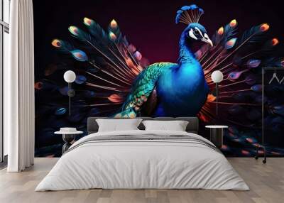 Gorgeous peacock on a dark background with neon
 Wall mural