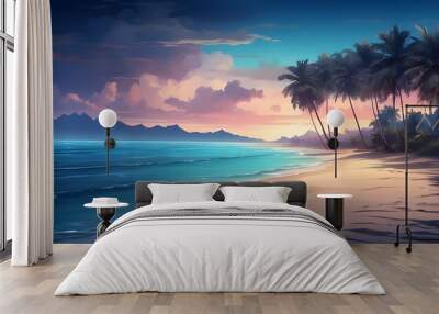 gorgeous tropical beach at nightfall with outlines of palm trees
 Wall mural