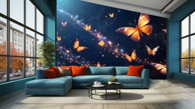 Neon three-dimensional picture of a golden butterfly soaring from side to third dimension accompanied by vibrant balloons
 Wall mural