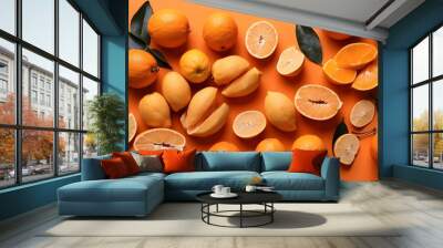 Oval slices on an orange tablecloth. Orange tropical fruits for a creative backdrop set against an orange backdrop. Top view, copy space, and flat lay
 Wall mural