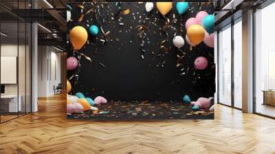 Party décor made with generative artificial intelligence including balloons and confetti on a black background. Wall mural