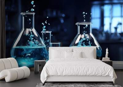 chemistry blue science lab background with flask glass and water in beaker Wall mural