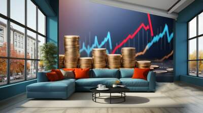 Coin stack with an upward-trending graph chart, business marketing Wall mural