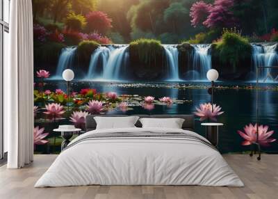 flowers in a lake with a waterfall, flowers and waterfalls Wall mural