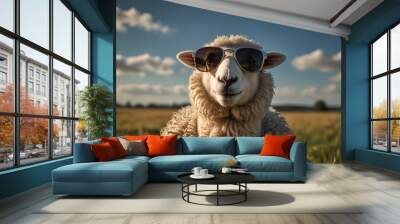 funny sheep wearing glasses and jacket  Wall mural