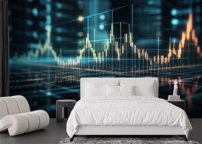 Perspective view of stock market growth, business investing and data concept with digital financial chart graphs, diagrams and indicators on dark blue blurry background Wall mural