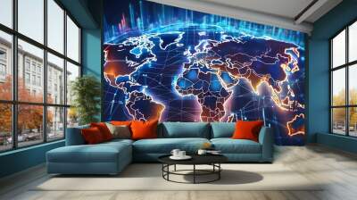 A digital world map illuminated with active trade routes and commerce hotspots Wall mural