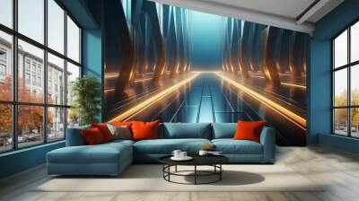 abstract geometric structure with glowing light and reflective floor Wall mural