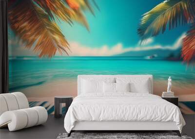 blurred tropical beach background with palm trees and turquoise water summer vacation concept illustration Wall mural