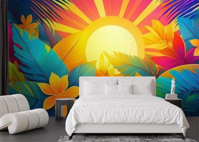 Colourful abstract summer background design. With bight sun and tropical leaves Wall mural