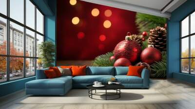 festive holiday decorations with red ornaments and pine cones Wall mural