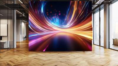 futuristic abstract background with flowing lines of luminous gold pink and blue light dynamic motion blur and bokeh effects create sense of speed and energy dark backdrop for contrast Wall mural