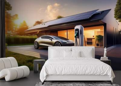 futuristic residential charging station sleek electric vehicle plugged into a stylish wallmounted charger modern ecofriendly home with solar panels in background bathed in soft evening light Wall mural