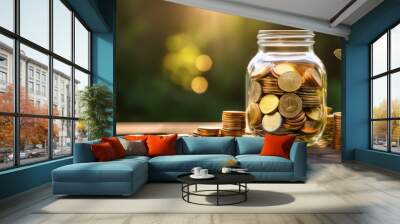 glass bottle filled with gold and silver coins symbolizes wealth and savings set against blurred background that enhances its focus Wall mural