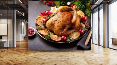 roast chicken or turkey for christmas and new year with decorations traditional holiday dinner Wall mural