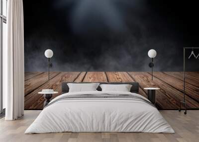 rustic wooden table shrouded in mysterious fog perfect for product display moody lighting and dark background create an air of intrigue and sophistication Wall mural