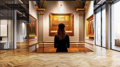 silhouette of a person admiring classical paintings in an ornate museum gallery warm ambient lighting highlights the gold frames and rich colors of renaissance artworks Wall mural