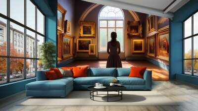 silhouette of a person admiring classical paintings in an ornate museum gallery warm ambient lighting highlights the gold frames and rich colors of renaissance artworks Wall mural