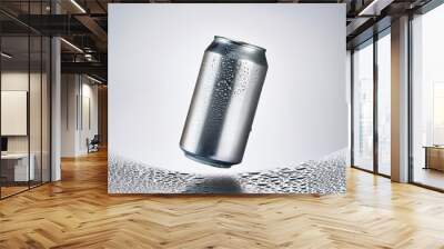 sleek aluminum soda can with condensation droplets floating in zero gravity against pure white backdrop casting subtle shadows Wall mural