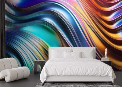 sleek chrome surface with liquid metal ripples futuristic glam texture reflecting rainbow hues creating a dynamic and luxurious metallic background Wall mural