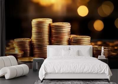 stack of golden coins symbolizes wealth and prosperity showcasing intricate details on each coins surface this evokes sense of abundance and financial success Wall mural