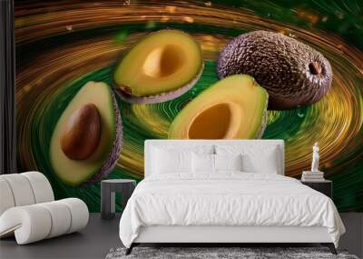 surreal avocado dreamscape with floating sliced avocados in various stages of ripeness set against a psychedelic background of swirling greens and golds Wall mural