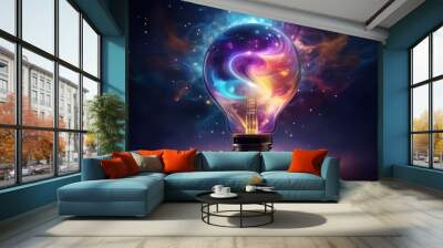 surreal digital artwork of glowing lightbulb filled with swirling cosmic nebula floating in dark void representing creativity and innovation ethereal atmosphere Wall mural