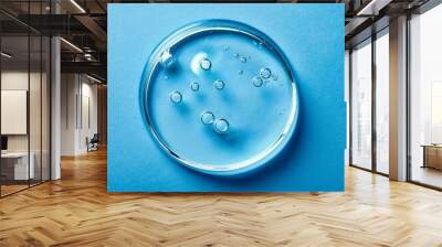 transparent facial serum with bubbles on light blue background macro liquid drop of gel or essential oil with hyaluronic acid or retinol closeup cosmetic product texture copy space top view Wall mural