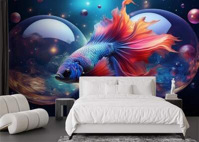 vibrant betta fish midleap between two floating spheres of water cosmic background Wall mural