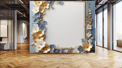 Elegant decorative small flowers golden white and blue invitation blank card  frame design. Ai image generative. Wall mural