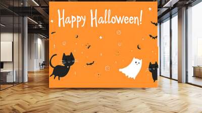 A cute black cat banner with the words Happy Halloween! on orange background Wall mural