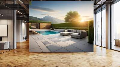 Neat paved patio with sitting area and small garden near wooden fence.AI generated Wall mural