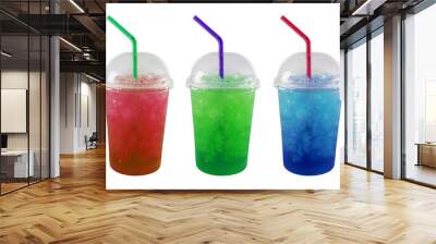 Green, Red and Blue soda and ice in plastic grass isolated on wh Wall mural