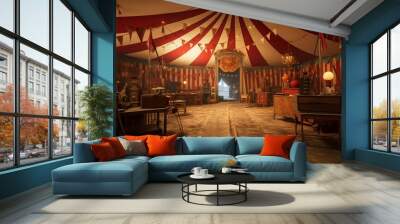 : Vintage circus tent with striped canopies, old-fashioned signage, and whimsical details. Wall mural