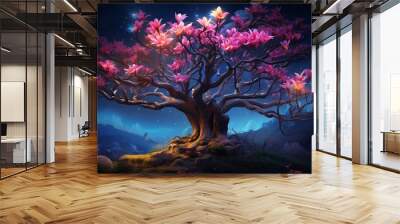 A majestic neon magnolia tree in full bloom. Wall mural