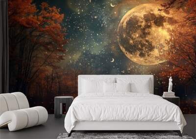 Autumn magical forest background with gigantic moon and mystic lights Wall mural