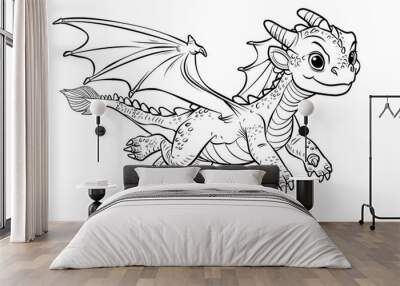 Cartoon baby dragon flying, outlined for coloring, on a white background. Wall mural