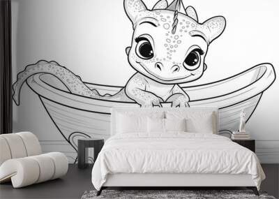 Cartoon baby dragon in a bathtub, outlined for coloring, on a white background. Wall mural