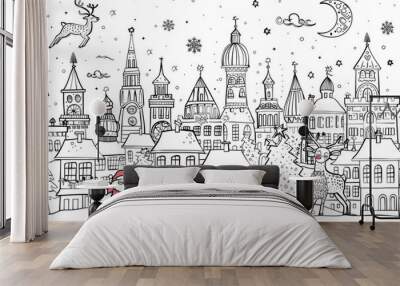 Cartoon Christmas cityscape with Santa Claus and reindeer, outlined for coloring, on a white background. Wall mural