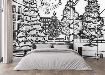 Cartoon Christmas lights display in the city park, outlined for coloring, on a white background. Wall mural