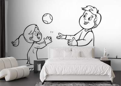 Cartoon father and child playing catch, outlined for coloring, on a white background. Wall mural