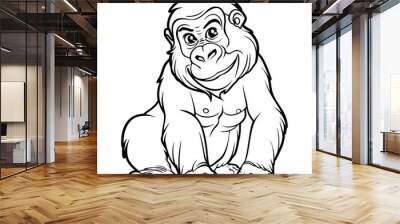 Cartoon gorilla, outlined for coloring, on a white background. Wall mural